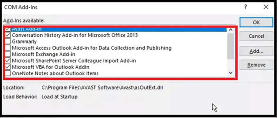 15 - Uncheck all add-ins and then click OK to disable all add-ins in Outlook.